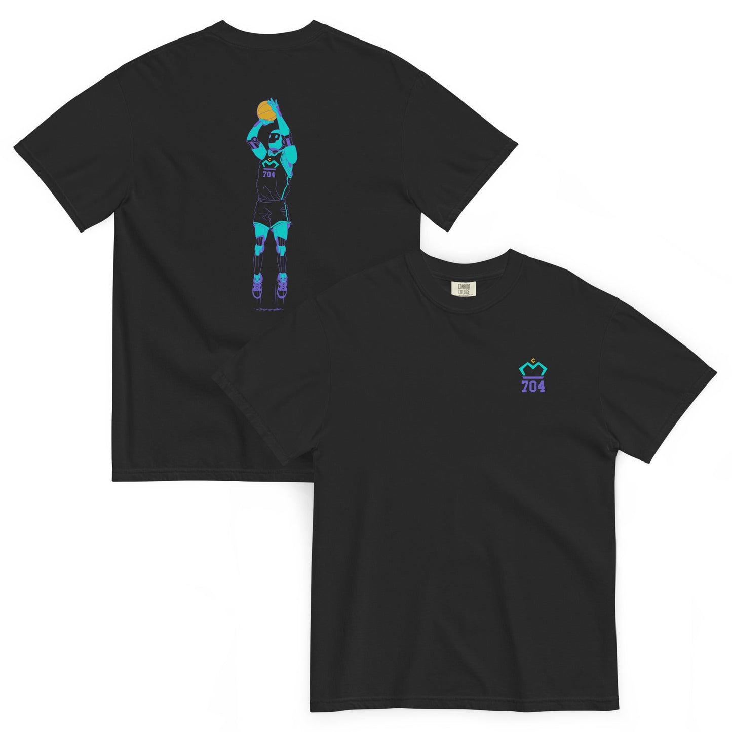Train Like a Machine - Graphic Tee - T-Shirt - Creative Minds Wear - Black t-shirt with colorful Robot shooting a basketball on back and logo on front