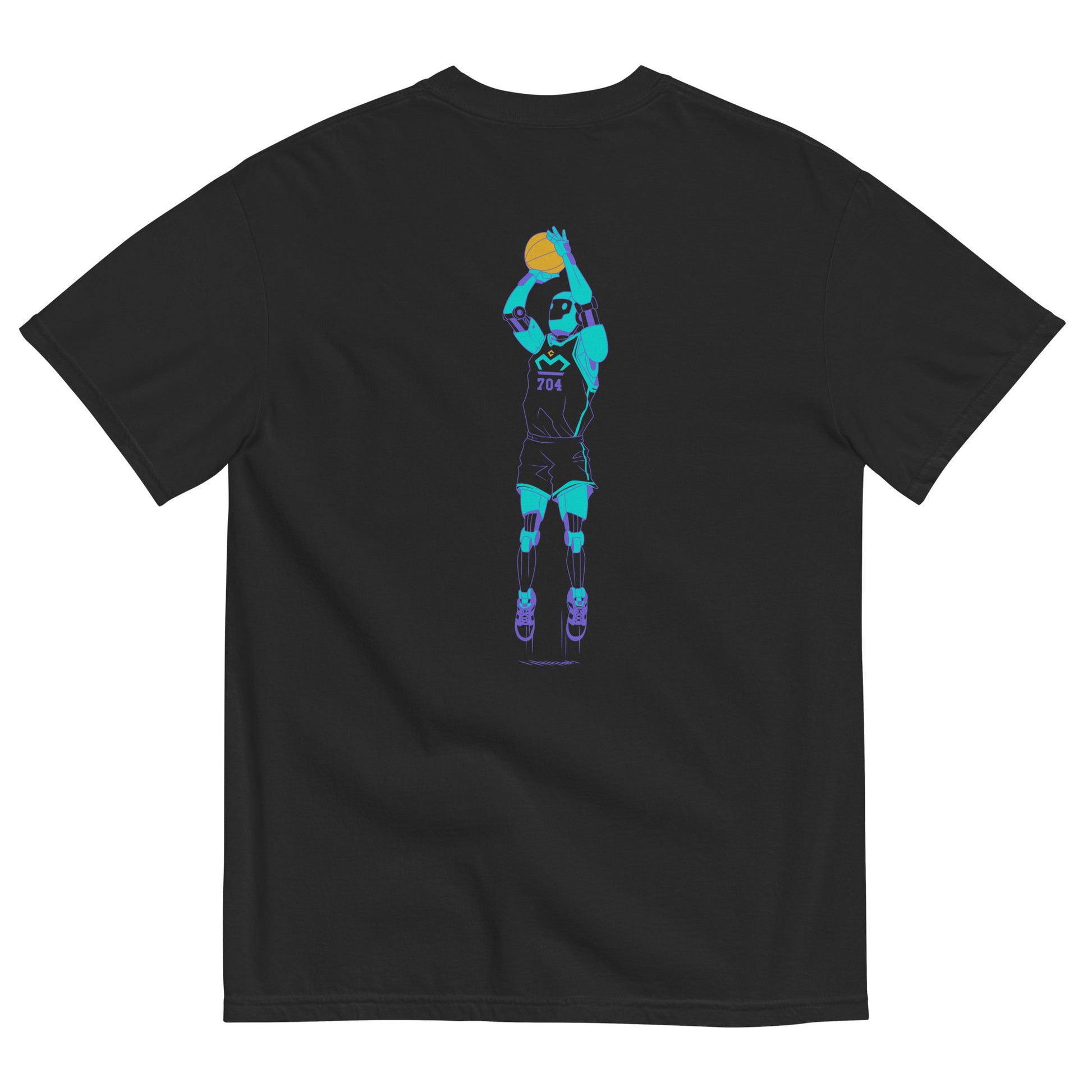 Black t-shirt with colorful Robot shooting a basketball on back