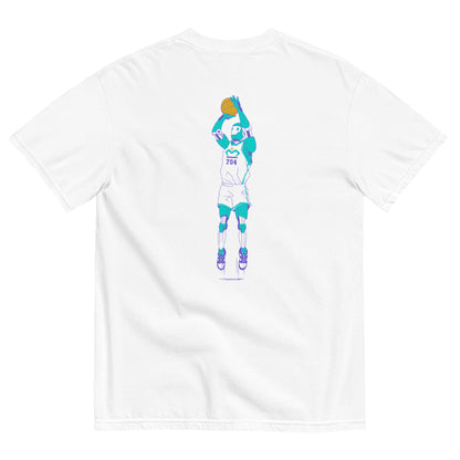 White t-shirt with colorful Robot shooting a basketball on back
