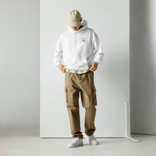 Train Like a Machine 704 - Hoodie - Hoodie - Creative Minds Wear - Person wearing a white hoodie with a crown logo and 704 on the front