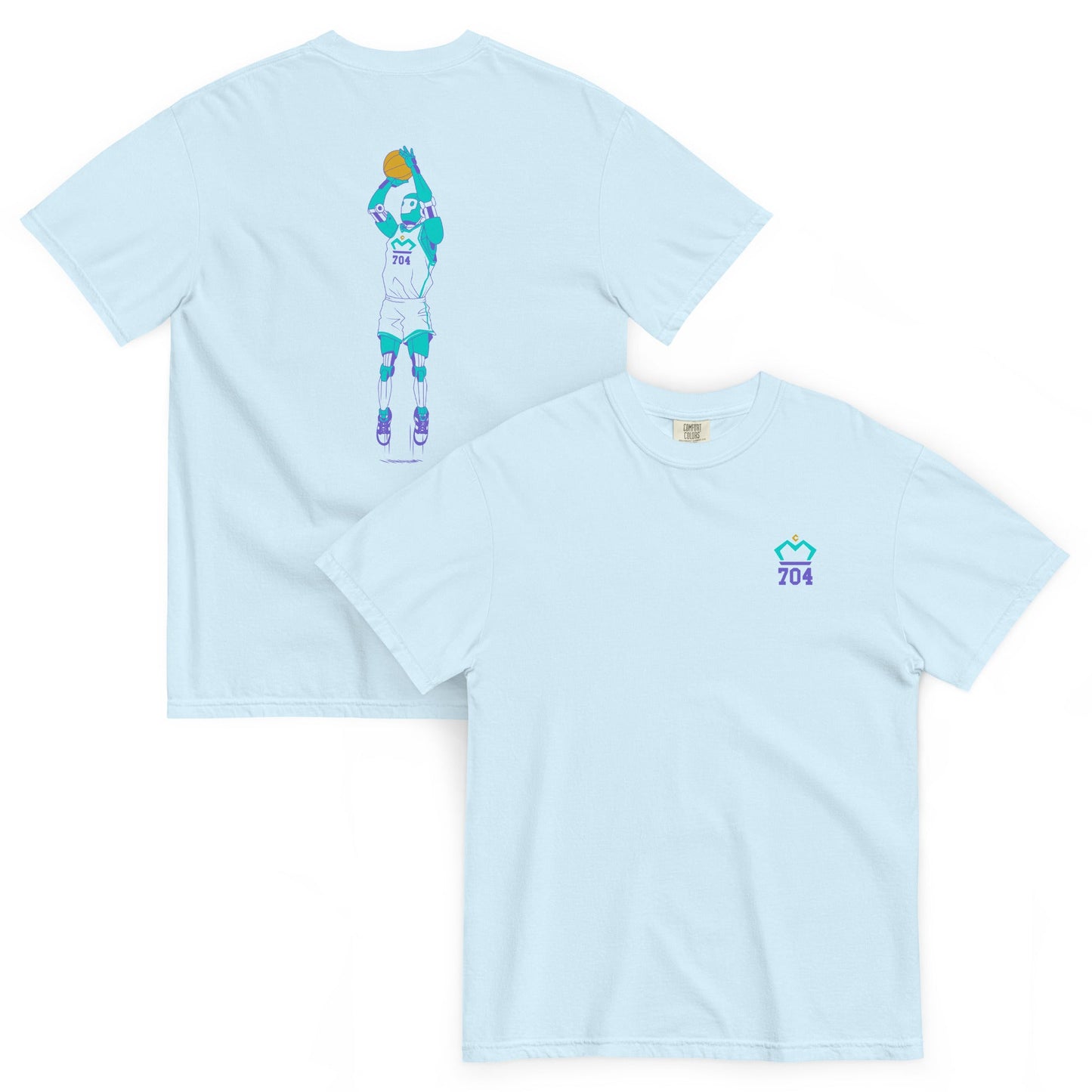 Train Like a Machine - Graphic Tee - T-Shirt - Creative Minds Wear - Light Blue t-shirt with colorful Robot shooting a basketball on back and logo on front