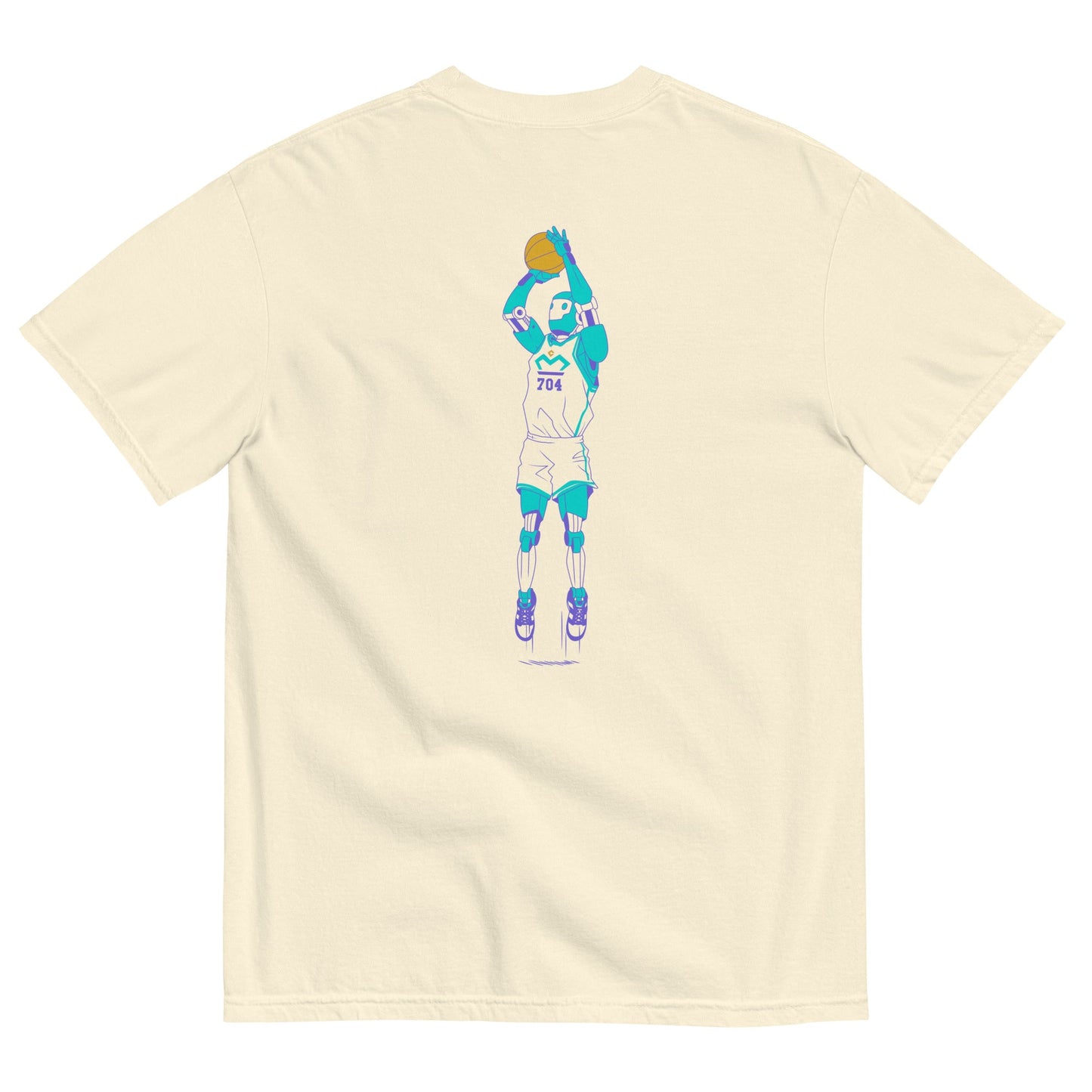 Train Like a Machine - Graphic Tee - T-Shirt - Creative Minds Wear - Beige t-shirt with colorful Robot shooting a basketball on back