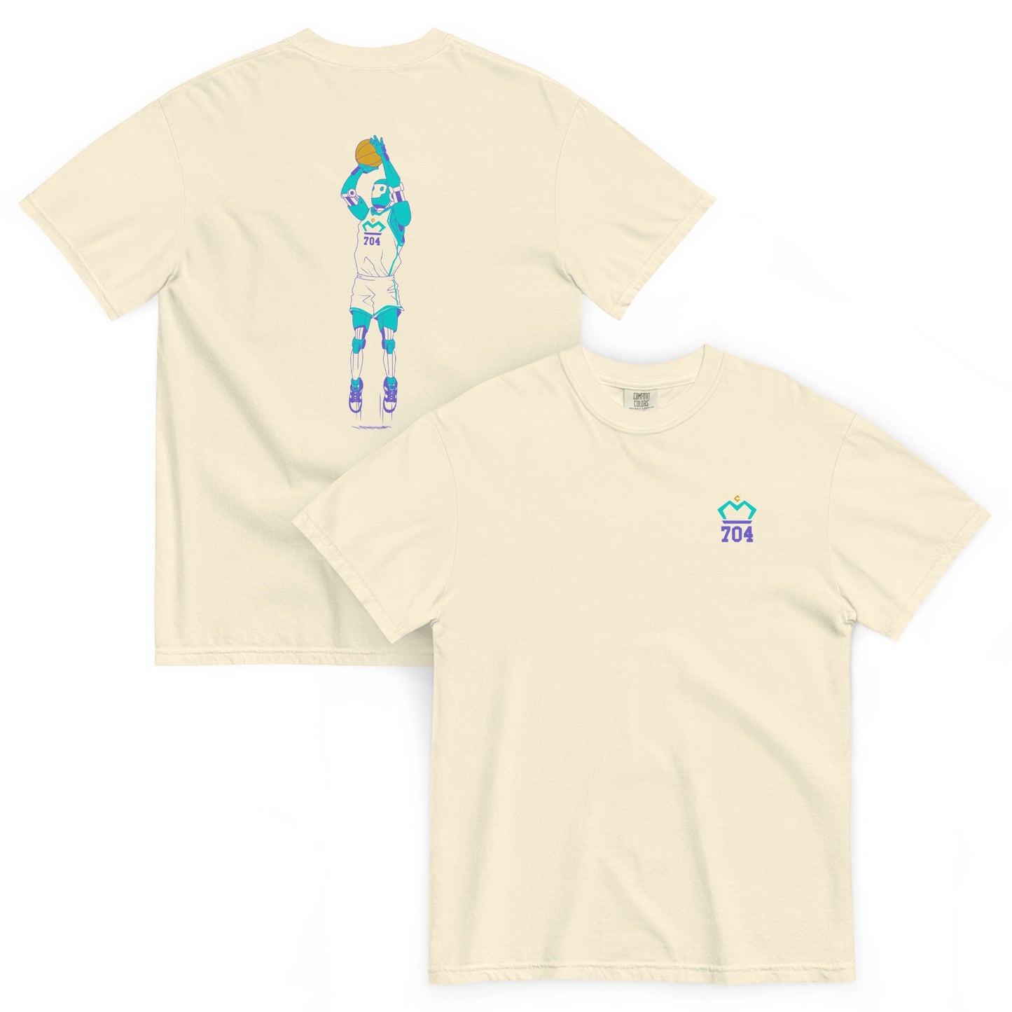 Train Like a Machine - Graphic Tee - T-Shirt - Creative Minds Wear - Beige t-shirt with colorful Robot shooting a basketball on back and logo on front