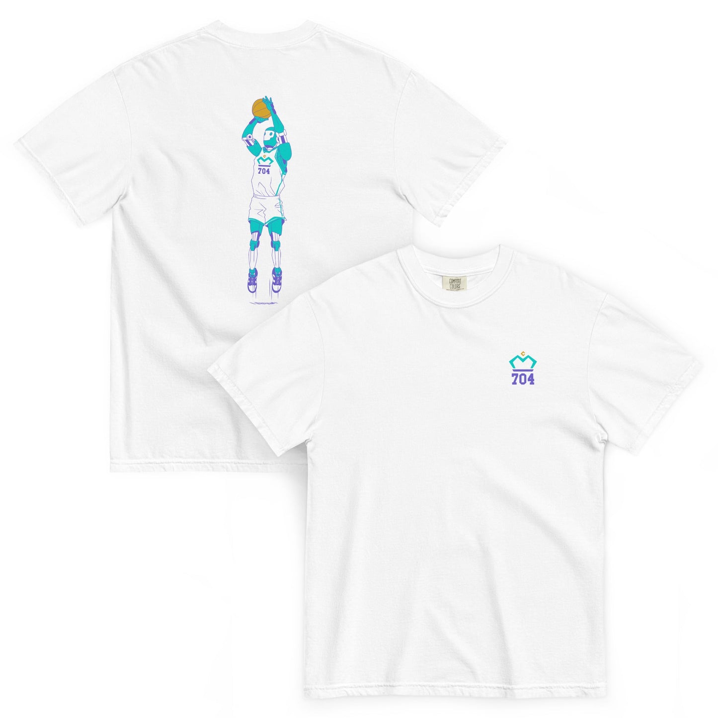 Train Like a Machine - Graphic Tee - T-Shirt - Creative Minds Wear - White t-shirt with colorful Robot shooting a basketball on back and logo on front