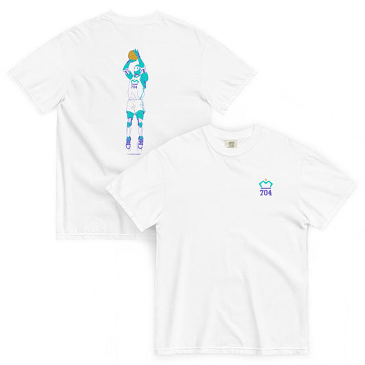 Train Like a Machine - Graphic Tee - T-Shirt - Creative Minds Wear - White t-shirt with colorful Robot shooting a basketball on back and logo on front